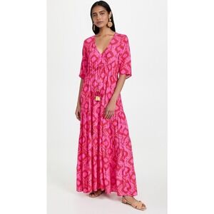 Figue Kalila Diamond-Print Tiered Maxi Dress in Shibori Pink Size XL Tasseled